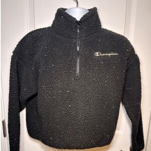 Champion Womens Black Speckled Sherpa Fleece Pullover Sweatshirt Size Medium